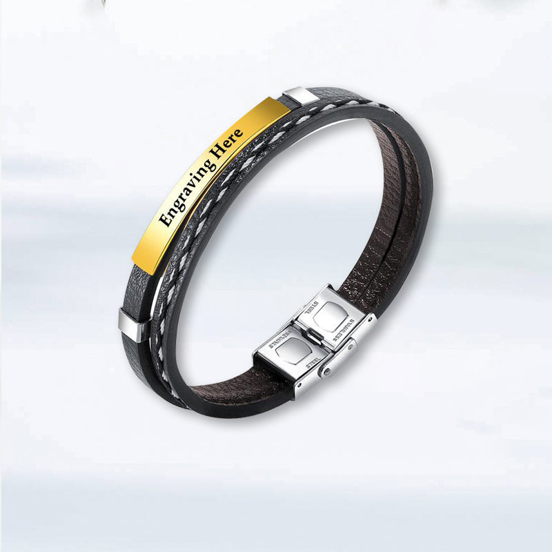 Gold Thin Bar Cable-Wire ID Bracelet Easy-Hang Leather Bracelet Custom Name Bracelet for Him