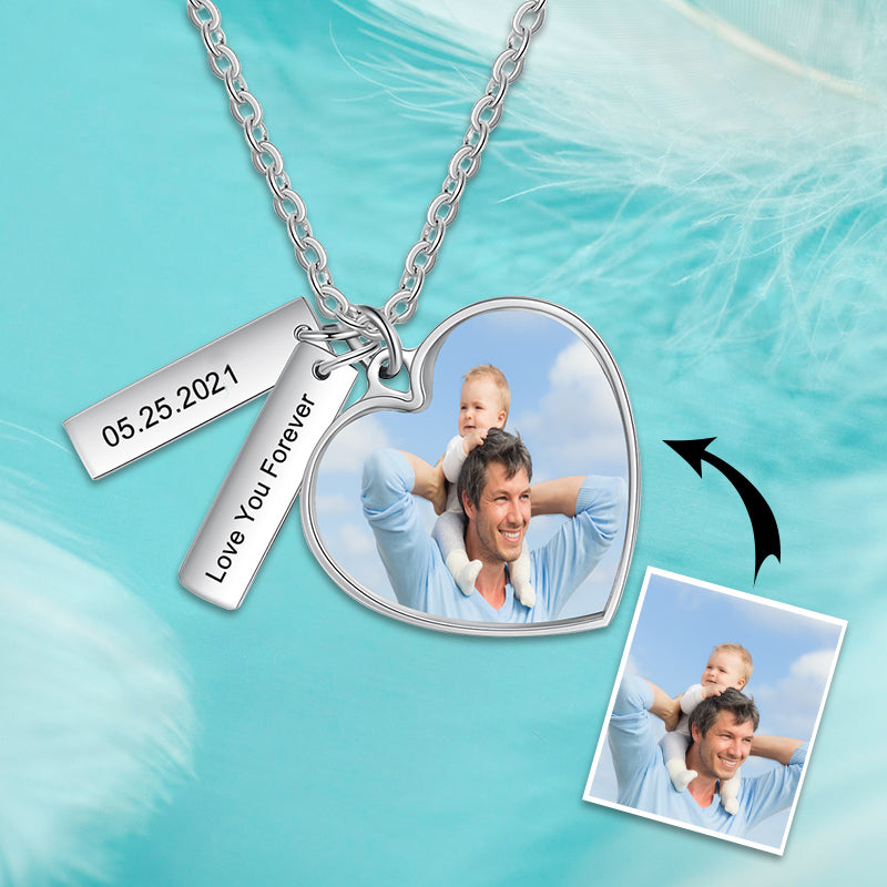 Personalized Heart Photo Necklace with Two Bars Custom Photo Necklace Anniversary Gift
