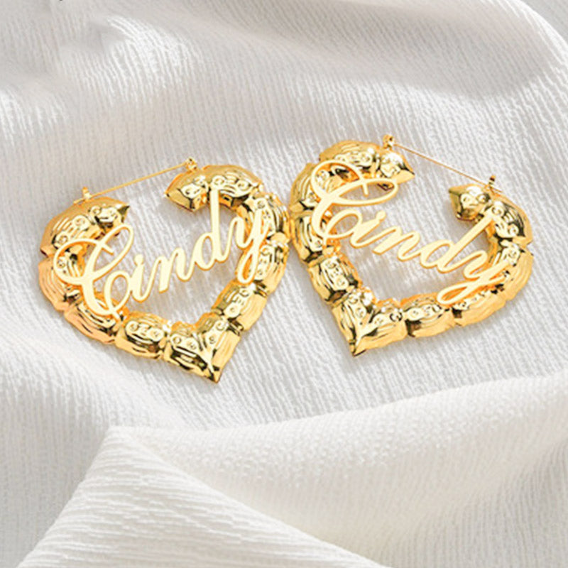 Custom Heart Bamboo Earrings with Name Personalized Door Knocker Earrings Retro Jewelry