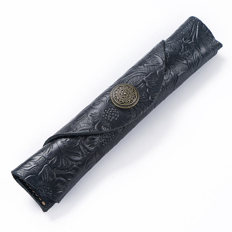Handmade Snap Pen Holder Cowhide Vintage Roll Pen Bag Leather Fountain Pen Protector