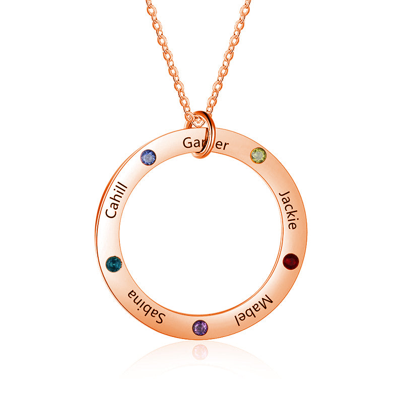 Necklace with Name on it Linked Circle Engraved 5 Names Birthstone Necklace