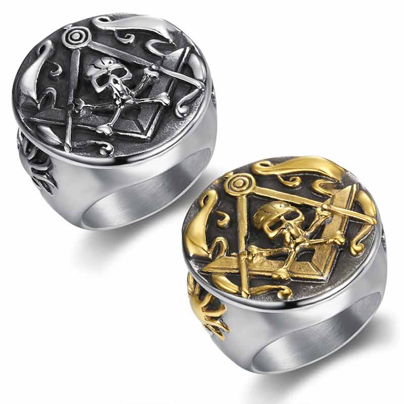 Masonic Ring Skull Cross Bones and Compass Gold Ring