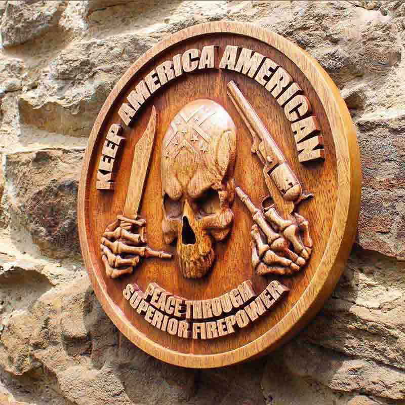 Wood Wall Hanging Skull Carving American Patriot Art