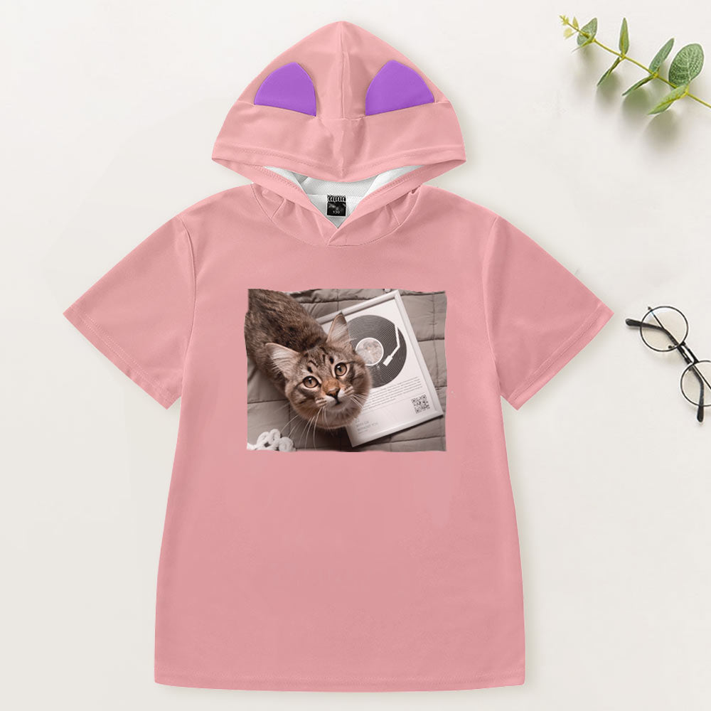 Custom Kids’ Cat Ears Short Sleeves Hoodie Personalized Children’s T-shirts