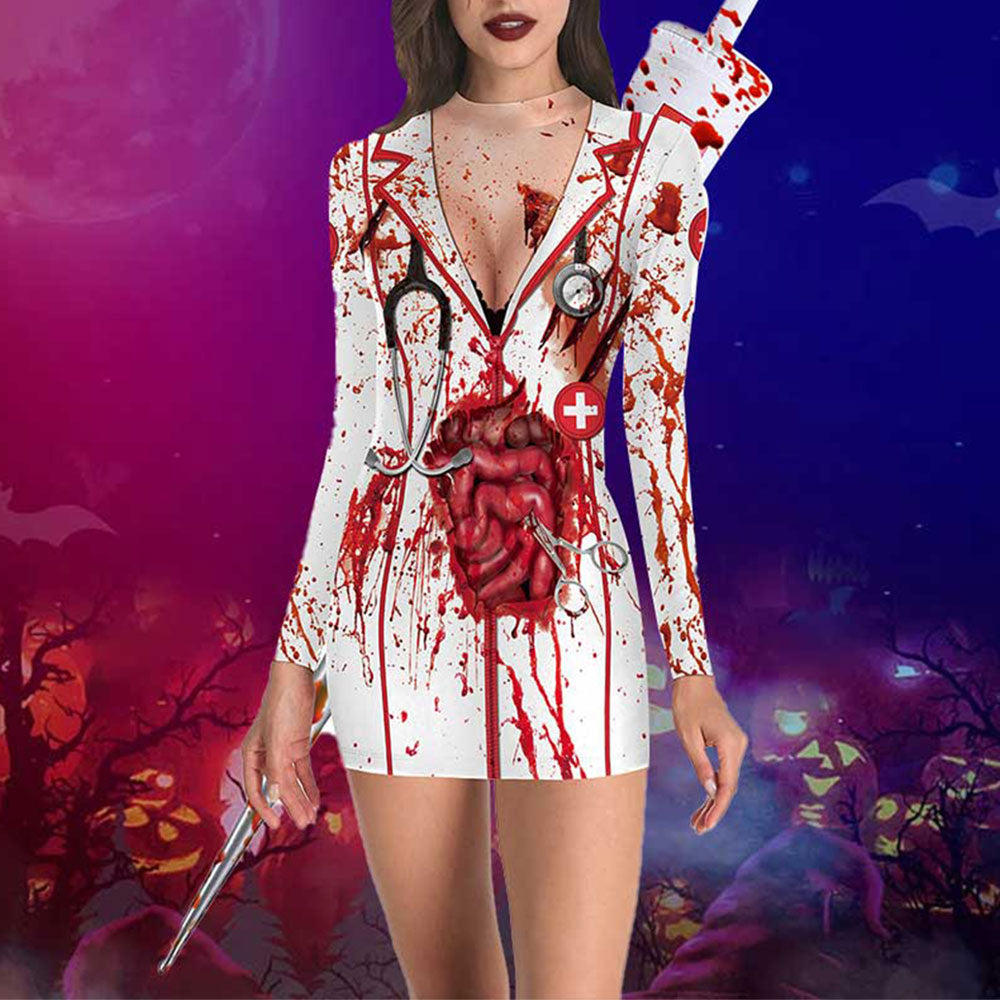 Halloween Costumes Nurse Zombie Creepy Costume for Halloween Party Round Neck Slim Long-Sleeved Dress
