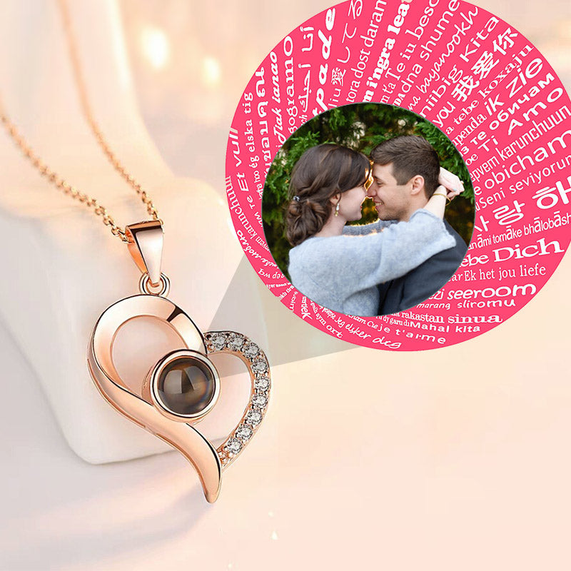 Custom Diamond Encrusted Heart Projection Necklace Personalized Projection Photo Collarbone Chain