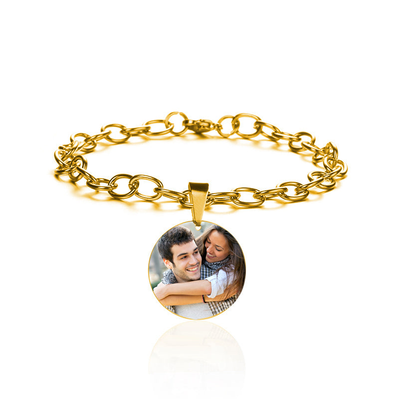 Custom Photo Titanium Round Pendant Bracelet Personalized Jewelry Photo Bracelet Gift