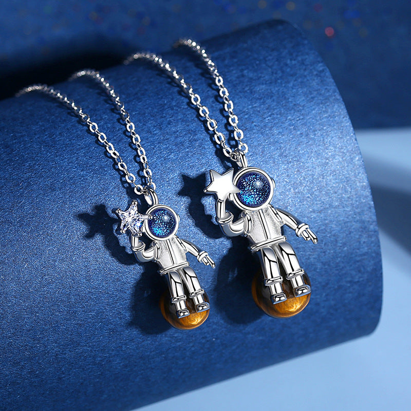 Custom Astronaut Picking Star Couple Necklace Personalized Inlaid Glazed Star Stone Jewelry