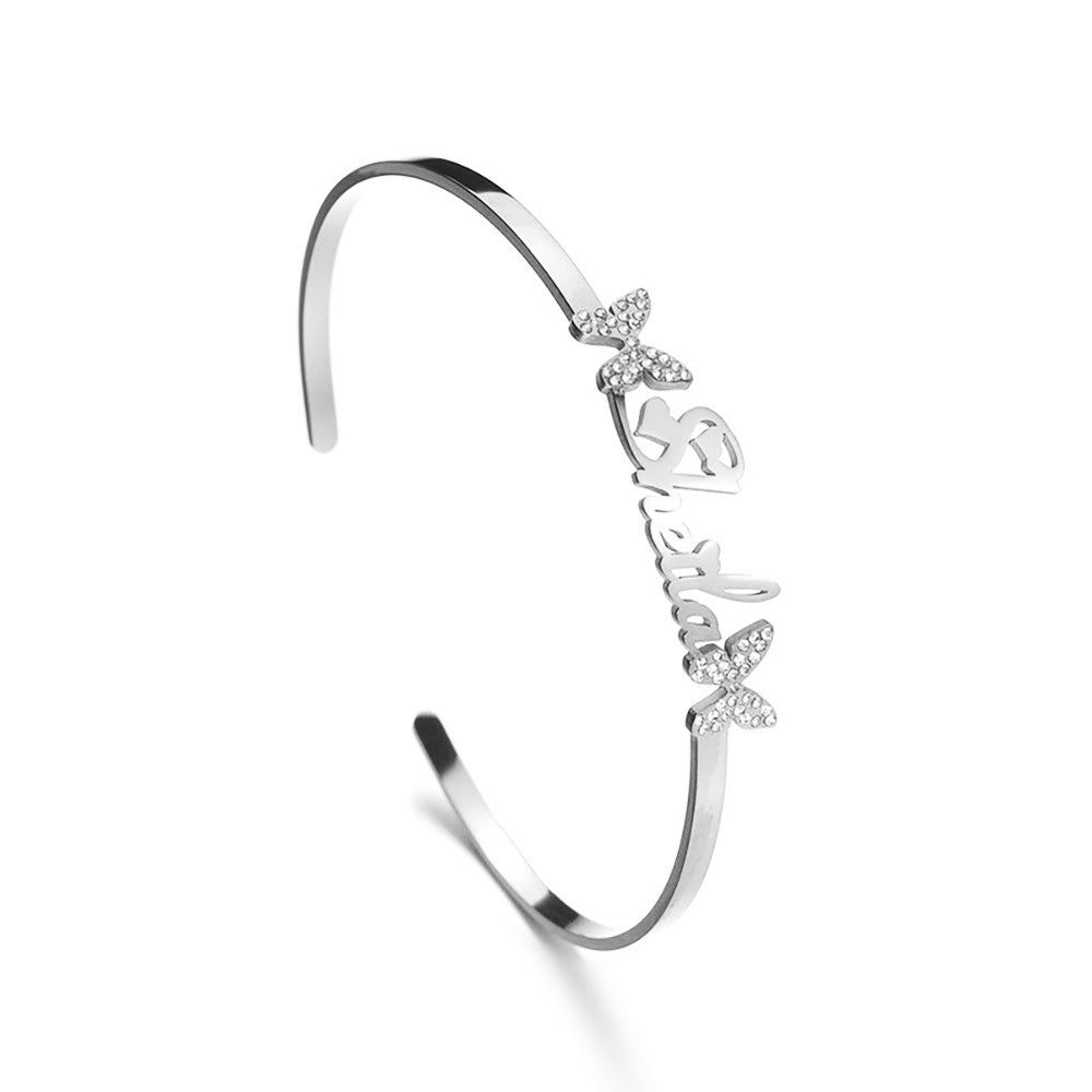 Personalised Name Bracelet Titanium Steel Butterfly Rhinestone Bracelet Custom Made Bracelets with Opening Adjustable