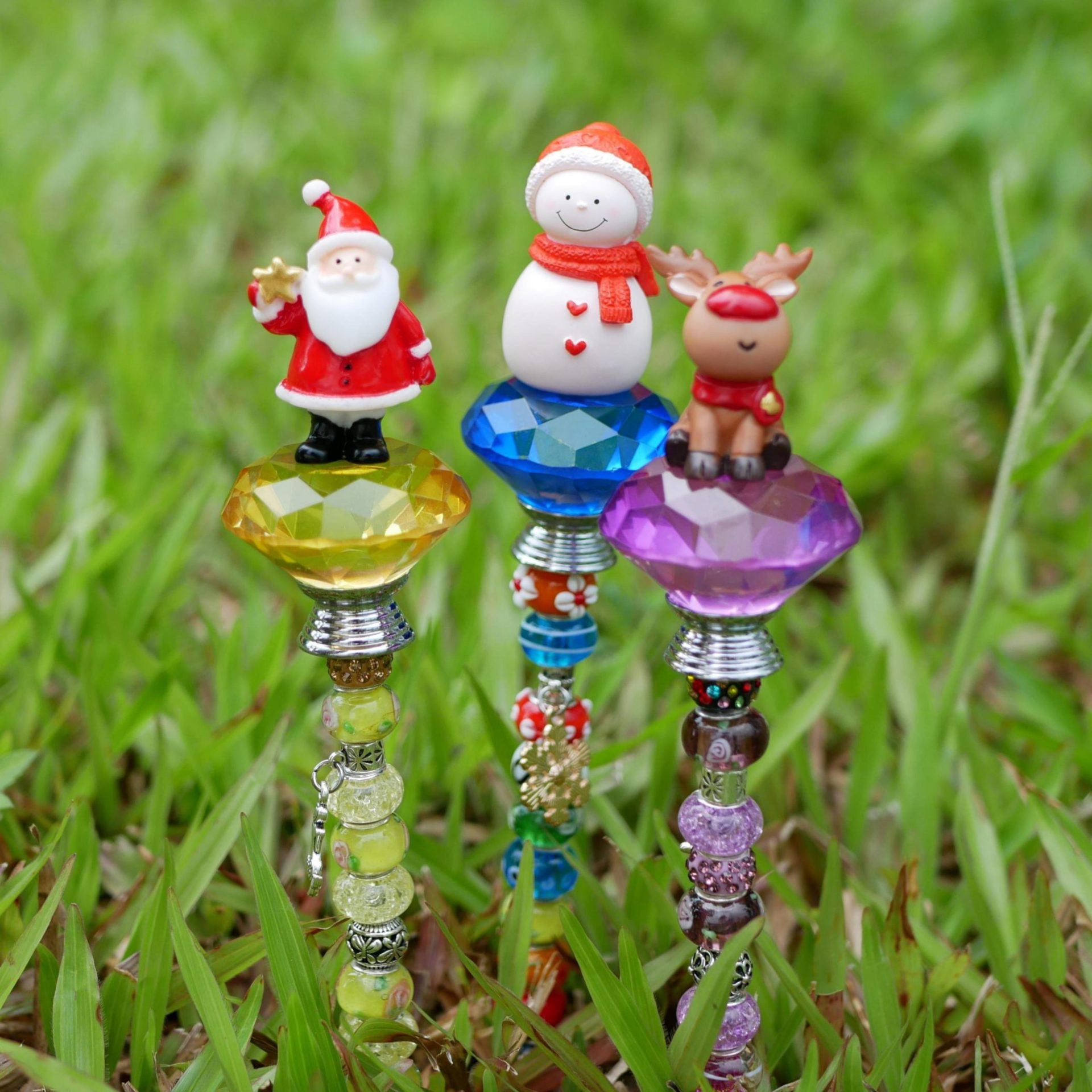 Beaded Ornaments Handmade Santa & Christmas Tree Stakes