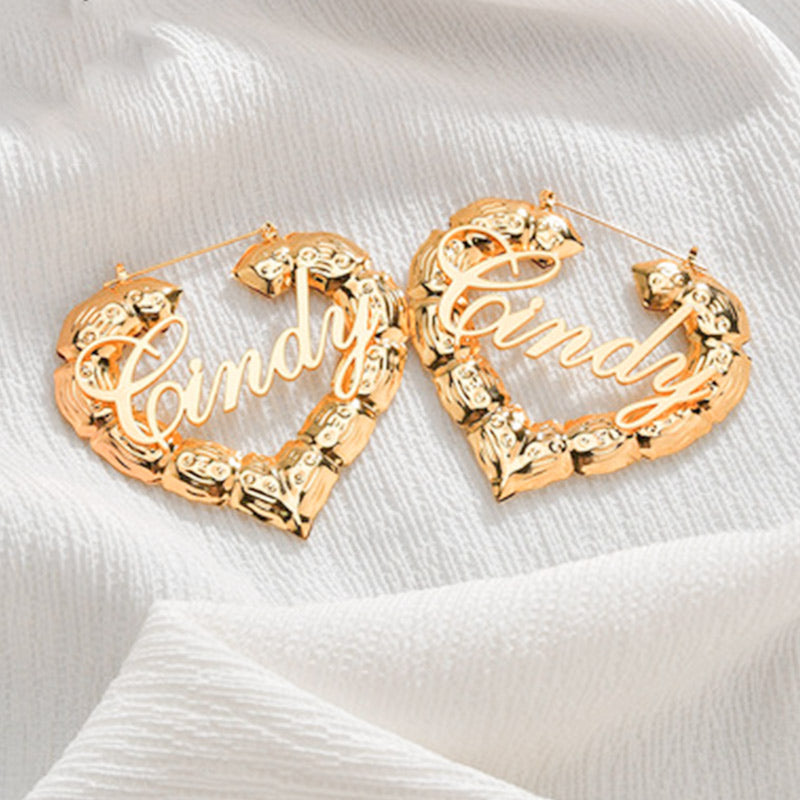 Custom Heart Bamboo Earrings with Name Personalized Door Knocker Earrings Retro Jewelry