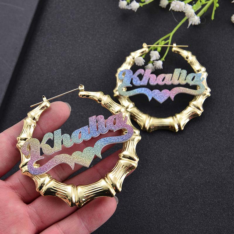 Custom Gold Name Bamboo Earrings Personalized Colorful Bling Hoop