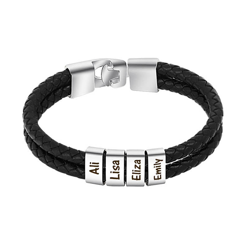 Customized Double Leather Braided Bracelet Personalized Smooth Black Men's Bracelet