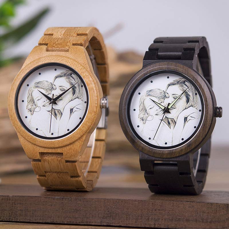 Customized Wood & Leather Watches Personalized Photo Quartz Watches