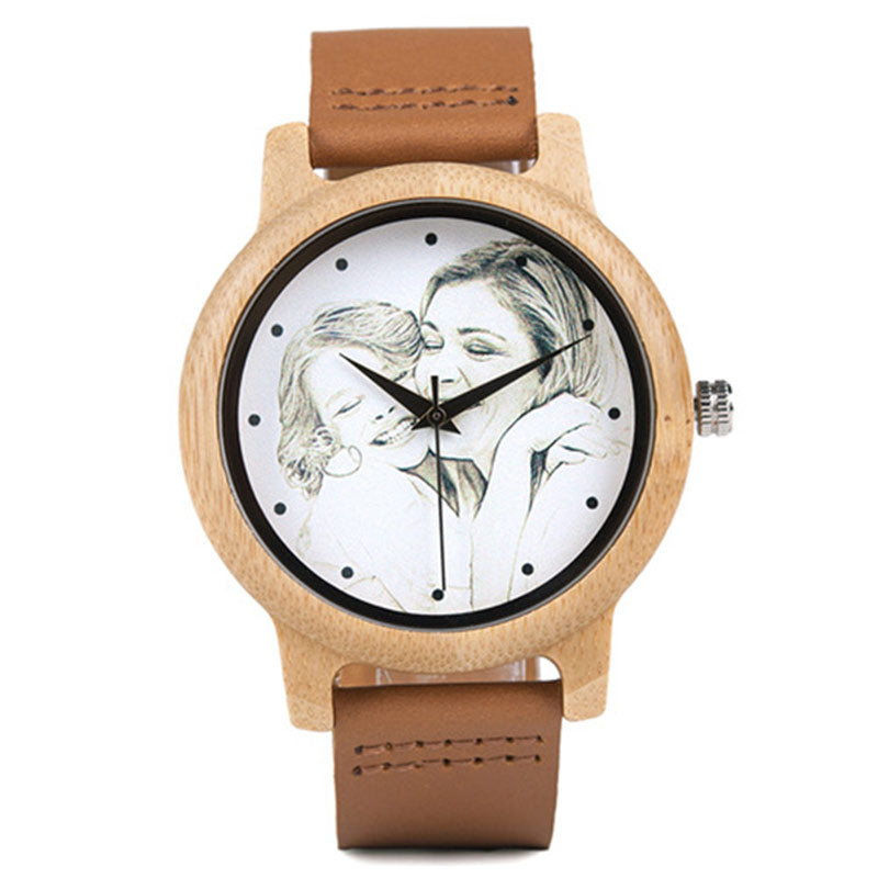 Customized Wood & Leather Watches Personalized Photo Quartz Watches
