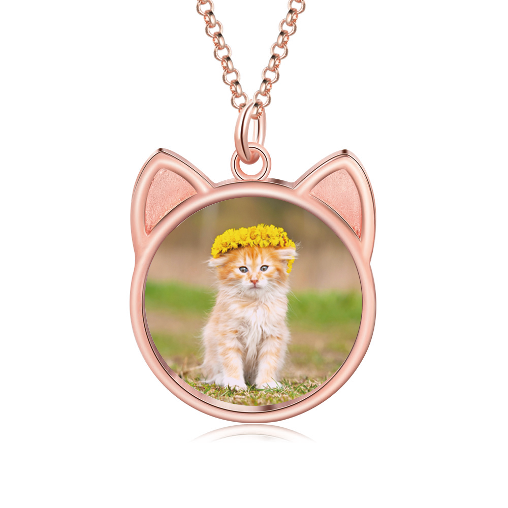 Kitty Ear Custom Photo Necklace Gold Picture Pendant Chain with Picture