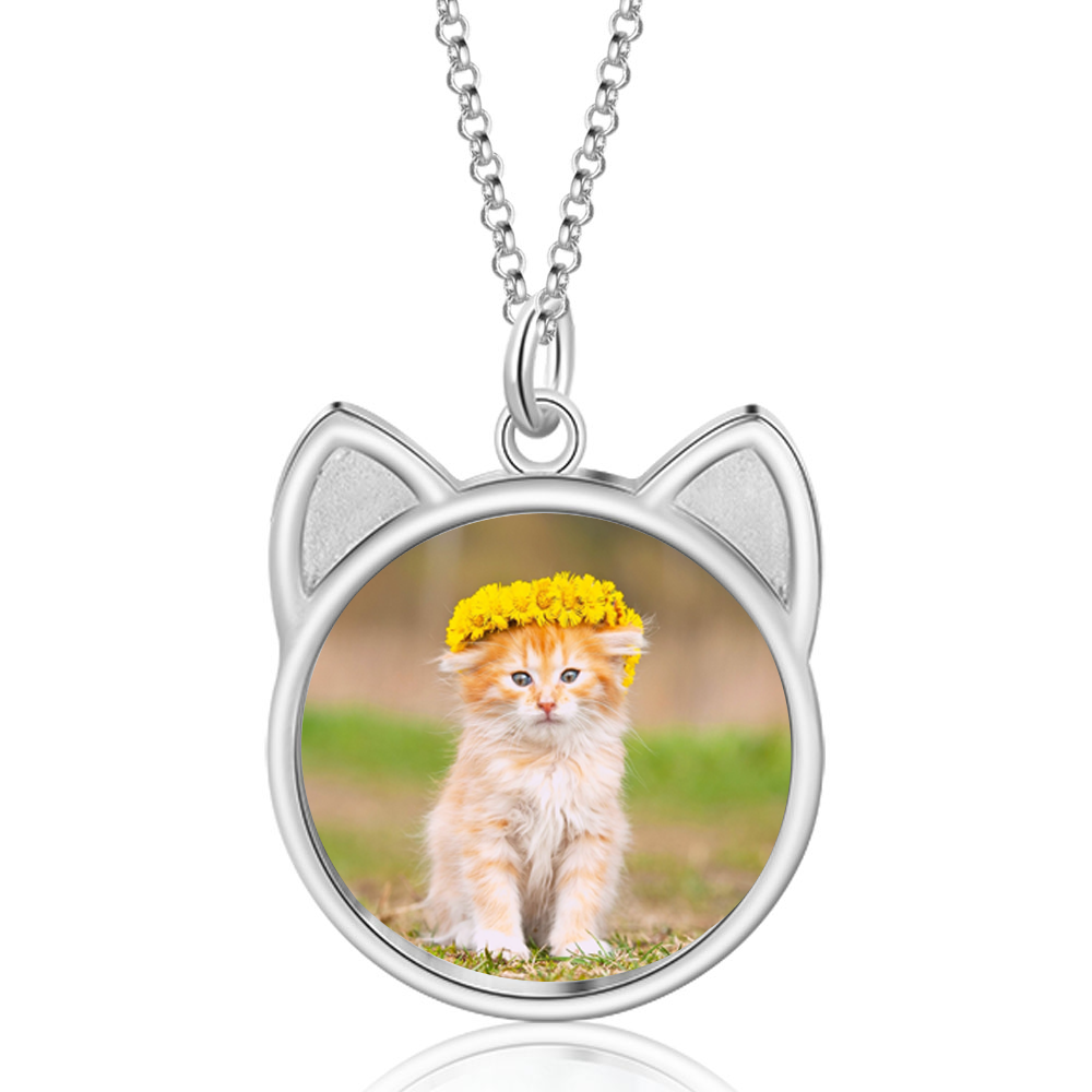 Kitty Ear Custom Photo Necklace Gold Picture Pendant Chain with Picture