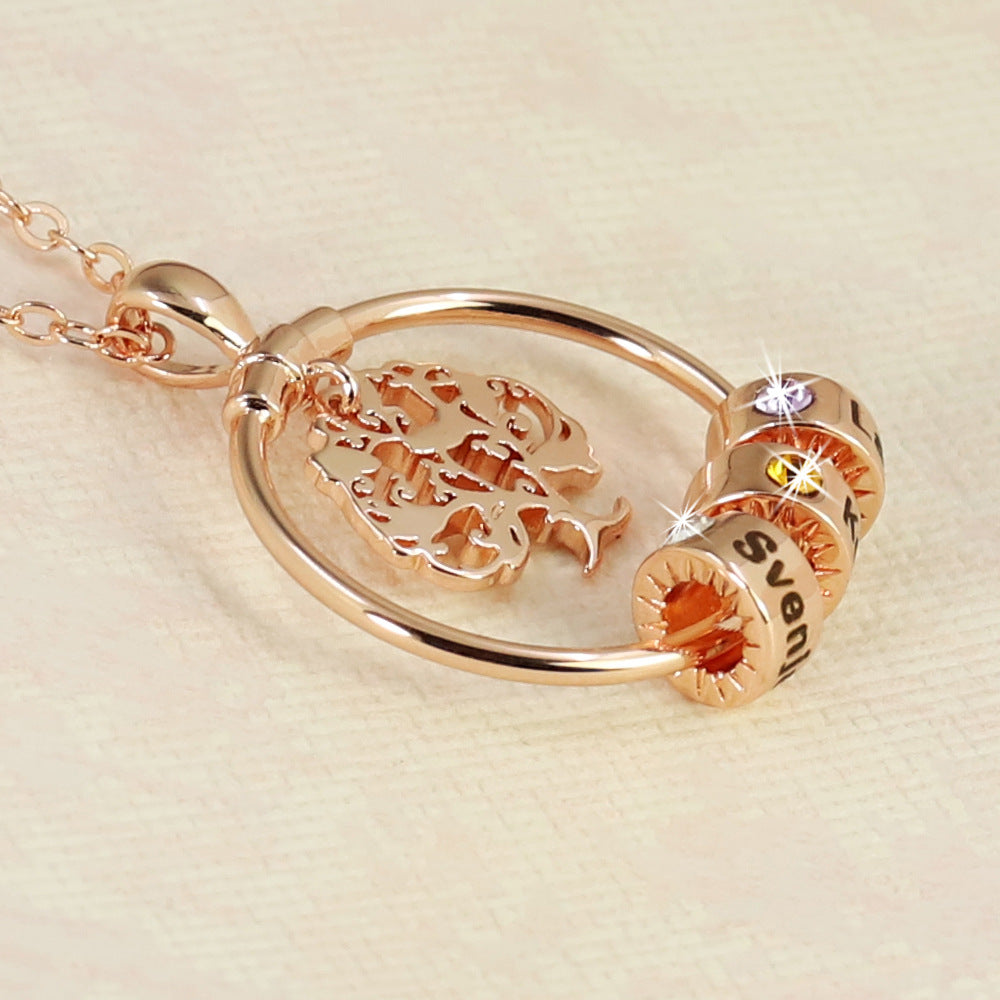 Linked Hoop Tree Beads Necklace Birthstone Charm Necklace 3 Names Family Birthstone Necklace