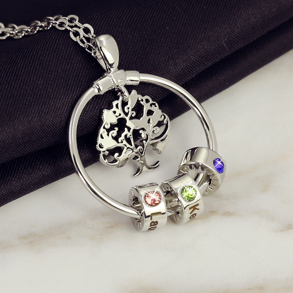 Linked Hoop Tree Beads Necklace Birthstone Charm Necklace 3 Names Family Birthstone Necklace