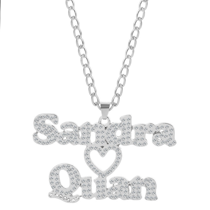 Double Name Tag Necklace Personalized Crystal Bling Name Necklace for Couple