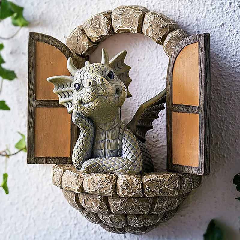 Dragon Garden Statues Resin Window Shape Wall Sculpture