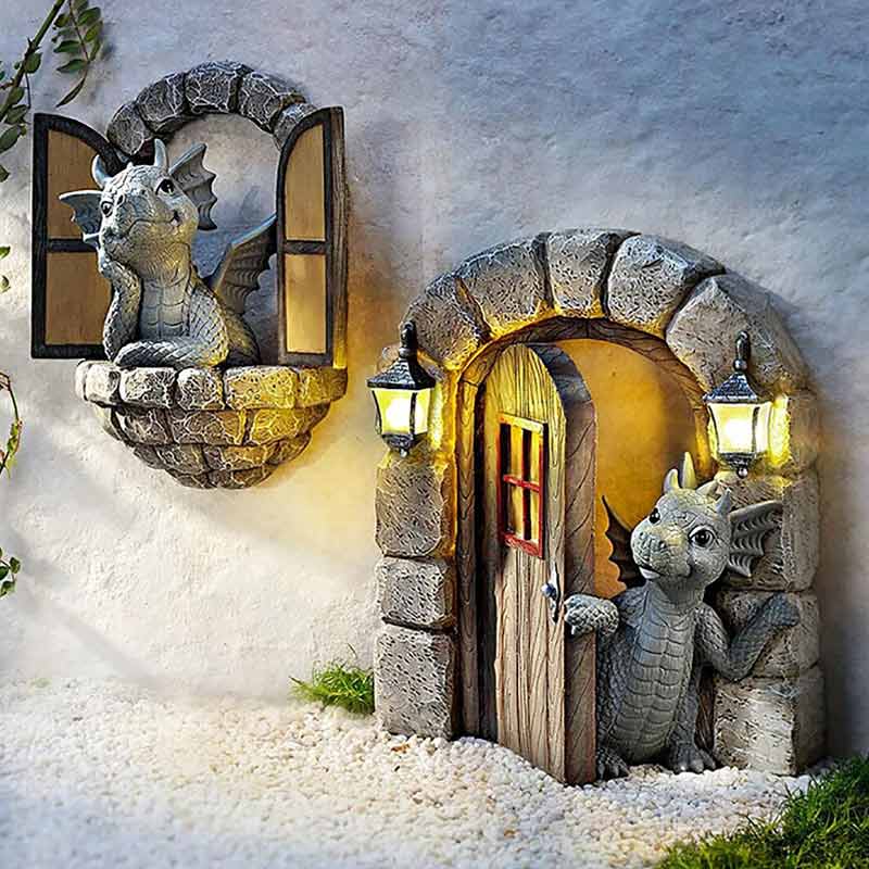 Dragon Garden Statues Resin Window Shape Wall Sculpture