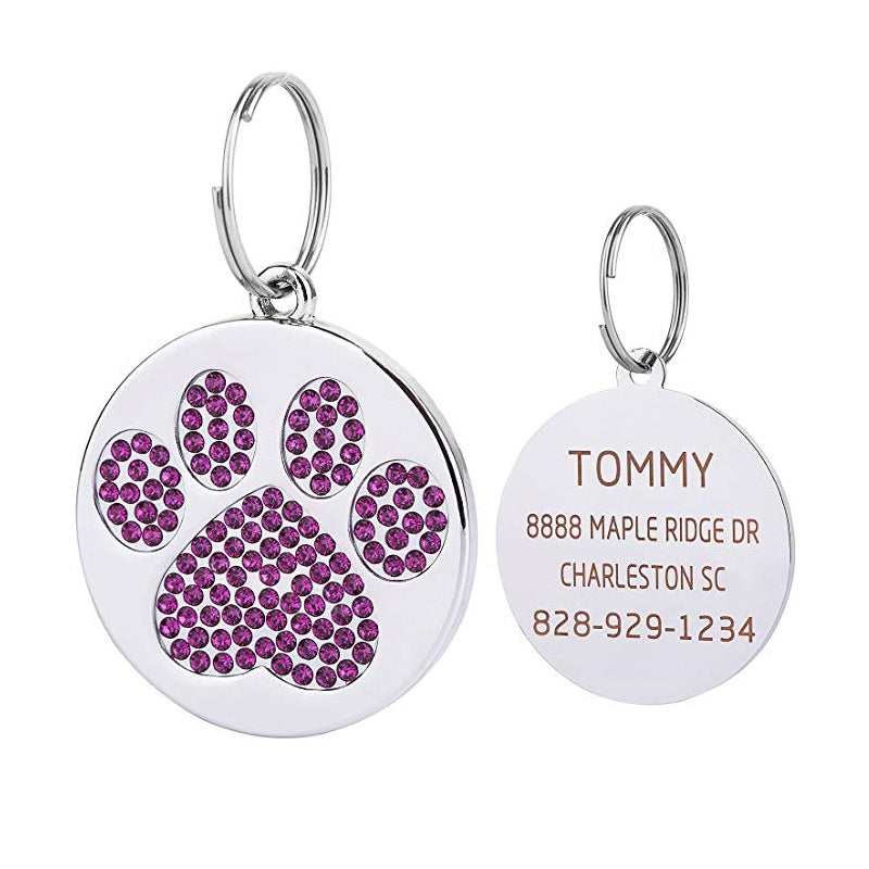 Custom Round Crystal Paw Dog Tag Personalized Pet Identity Tag