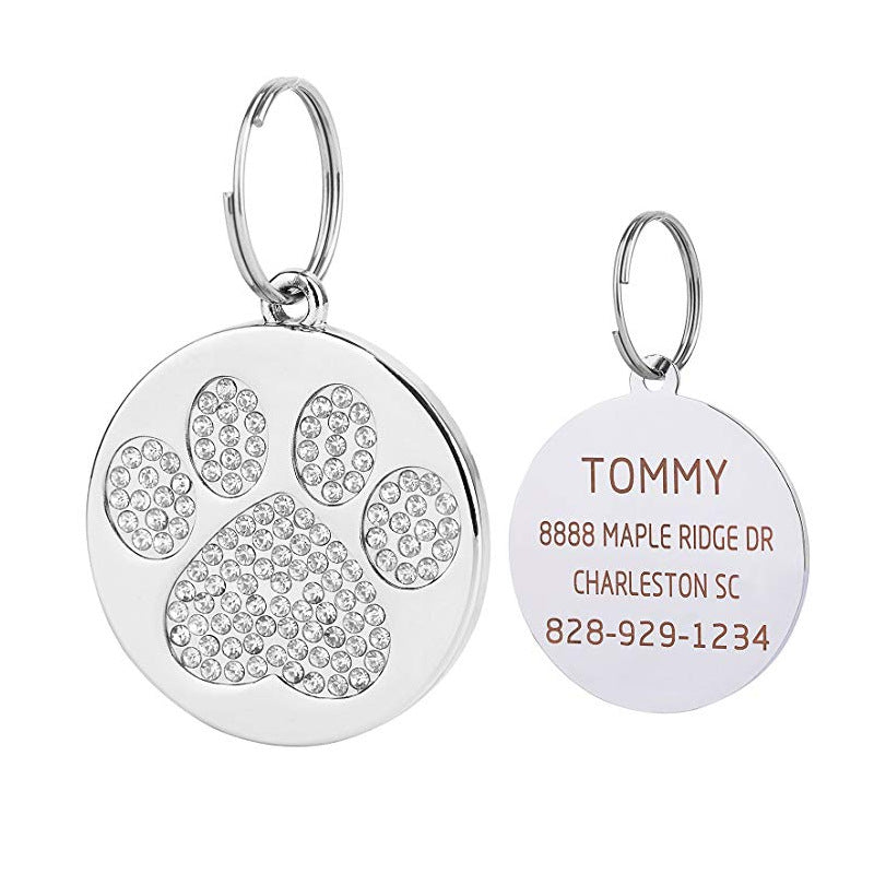 Custom Round Crystal Paw Dog Tag Personalized Pet Identity Tag