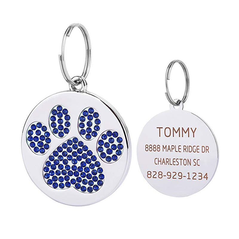 Custom Round Crystal Paw Dog Tag Personalized Pet Identity Tag