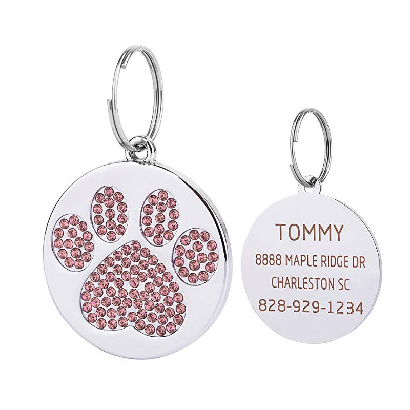 Custom Round Crystal Paw Dog Tag Personalized Pet Identity Tag