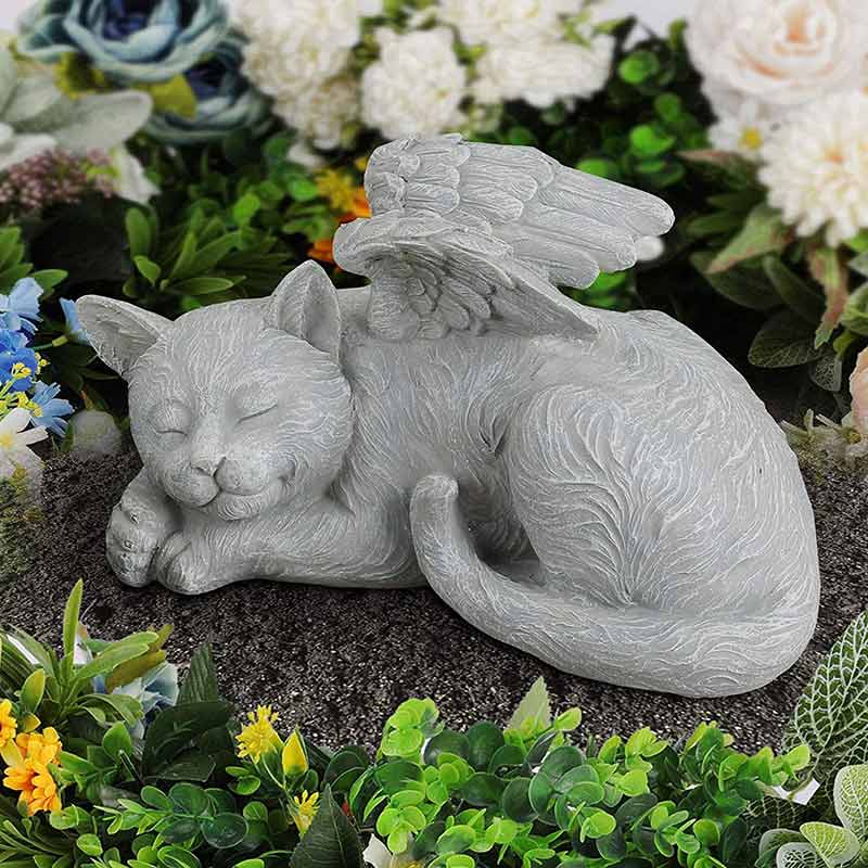 Cemetery Stone Peace Dog & Cat With Angel Wings Sculpture