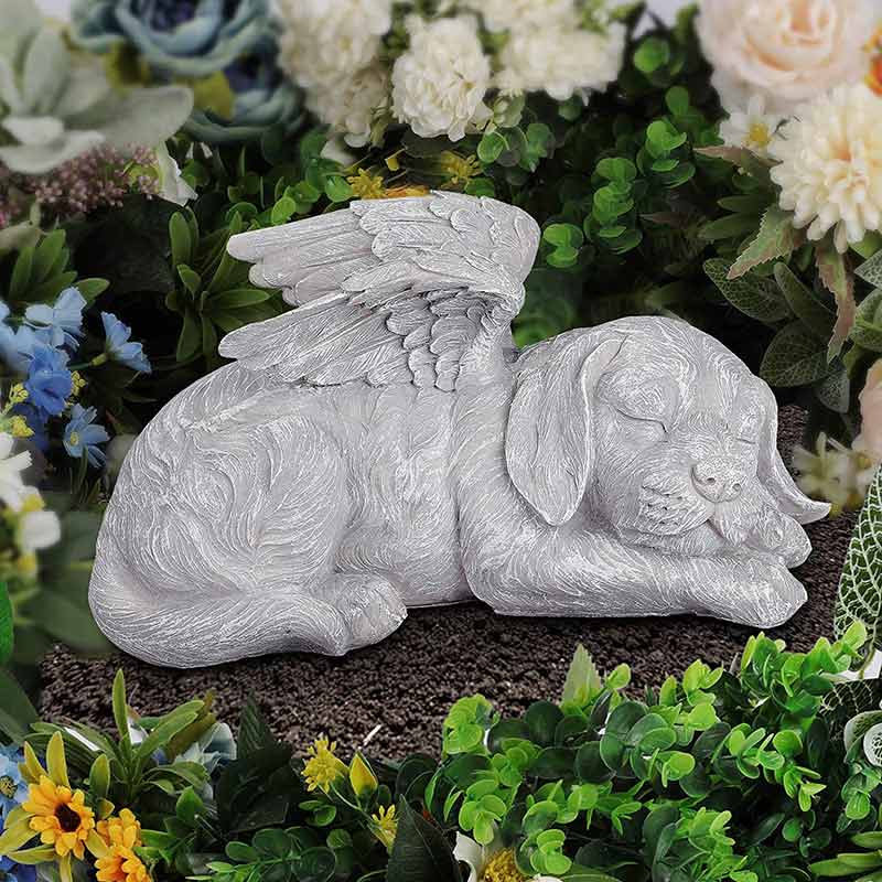 Cemetery Stone Peace Dog & Cat With Angel Wings Sculpture