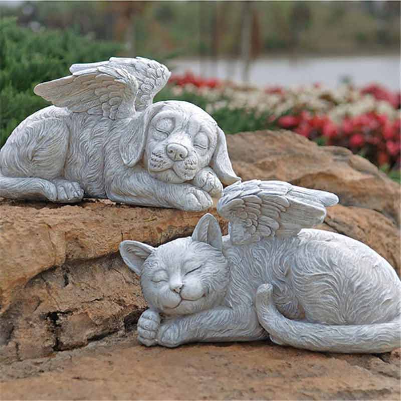 Cemetery Stone Peace Dog & Cat With Angel Wings Sculpture