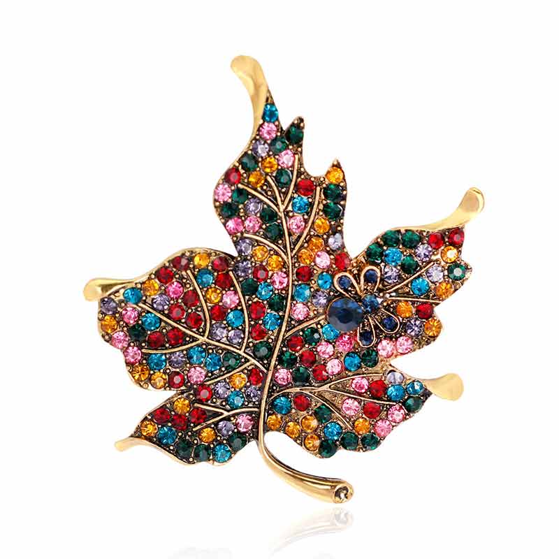 Leaf Brooch With Rainbow Rhinestone Maple Plant Corsage