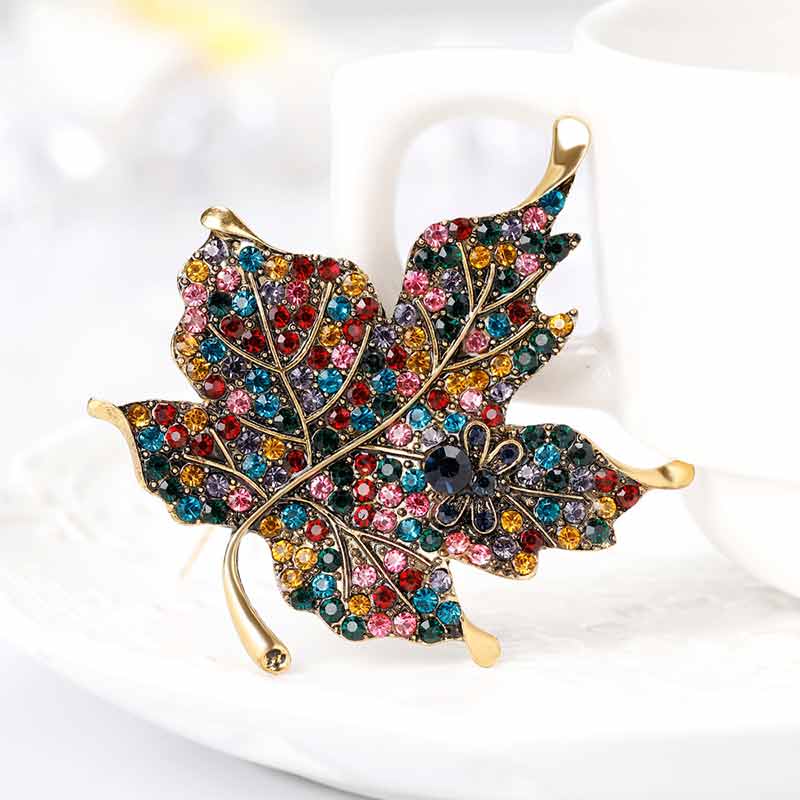 Leaf Brooch With Rainbow Rhinestone Maple Plant Corsage