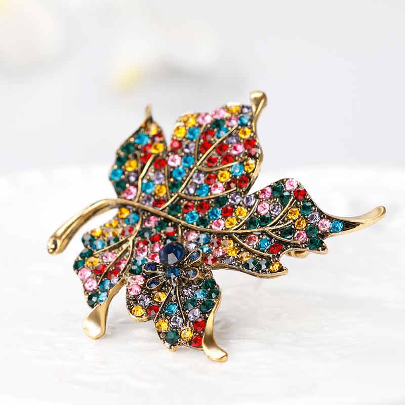 Leaf Brooch With Rainbow Rhinestone Maple Plant Corsage