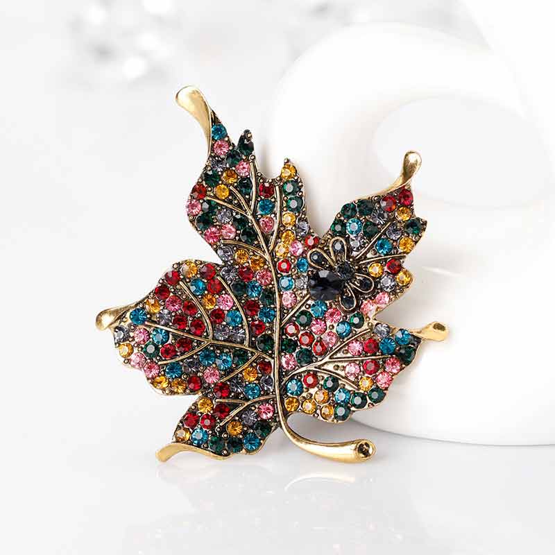 Leaf Brooch With Rainbow Rhinestone Maple Plant Corsage