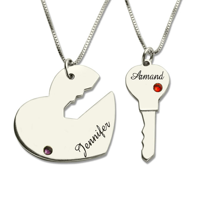 Customized Key & Heart Pendants Two Names Necklace with Birthstone Personalized Couple Jewelry