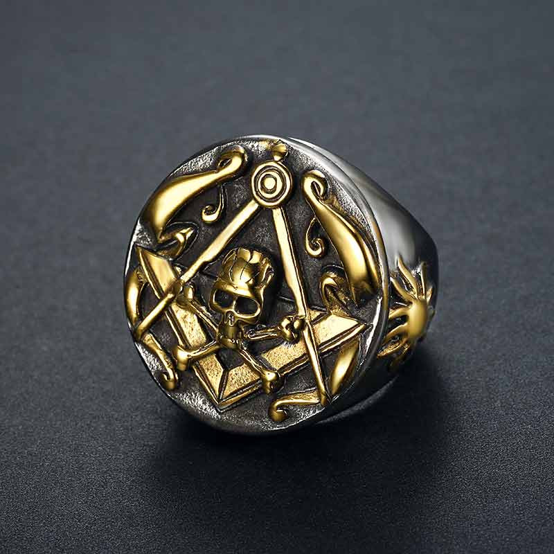 Masonic Ring Skull Cross Bones and Compass Gold Ring