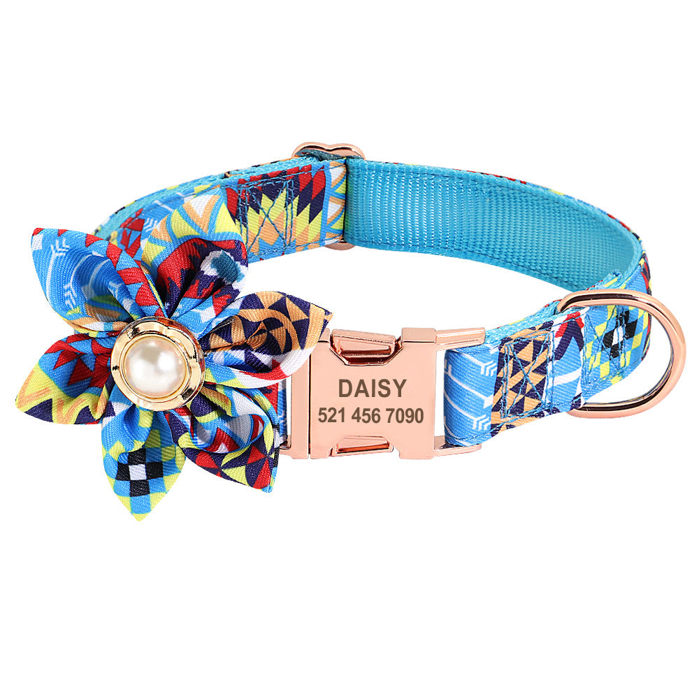 Custom Pet Ethnic Flower Name Collar Personalized Dog Collar