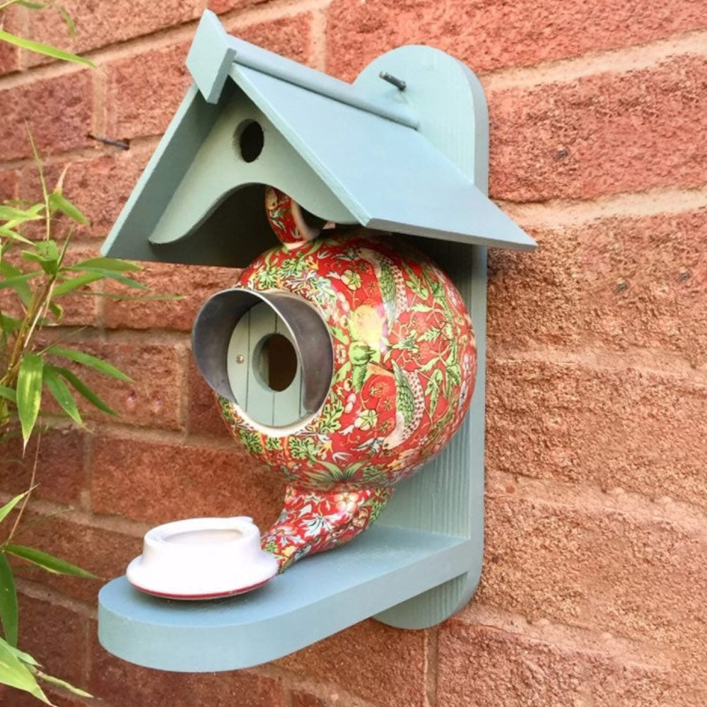 Ceramic Birdhouse & Feeder Whimsical Hanging Decoration Cute Teapot Bird House and Feeder