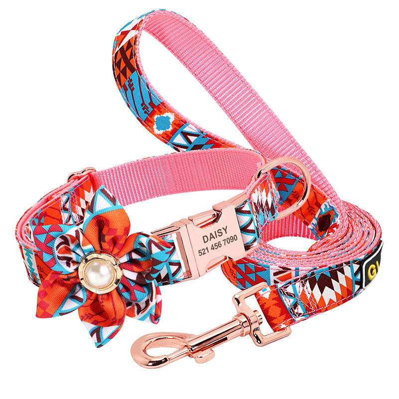 Custom Pet Floral Name Collar with Leash Personalized Dog Collar & Leash