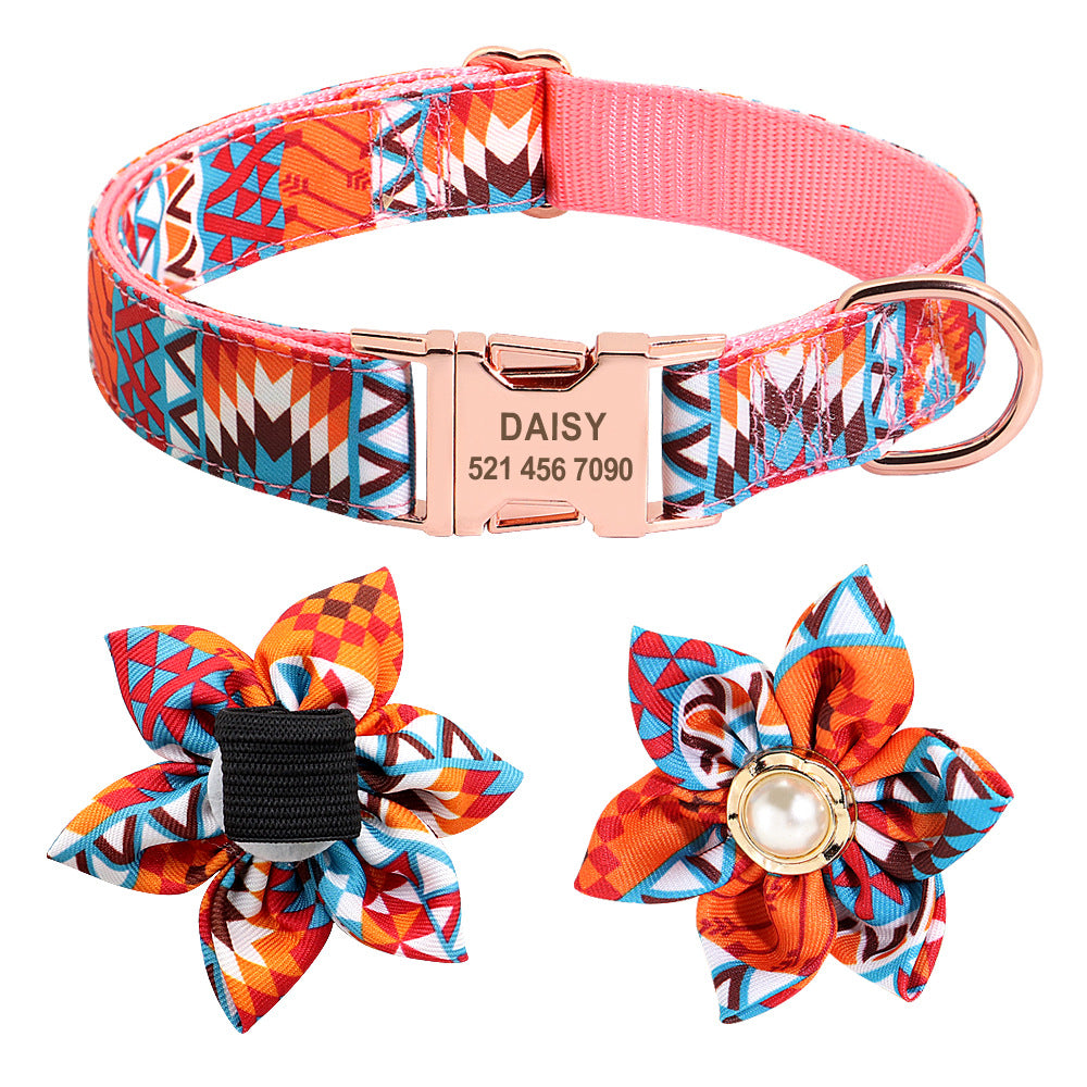 Custom Pet Ethnic Flower Name Collar Personalized Dog Collar