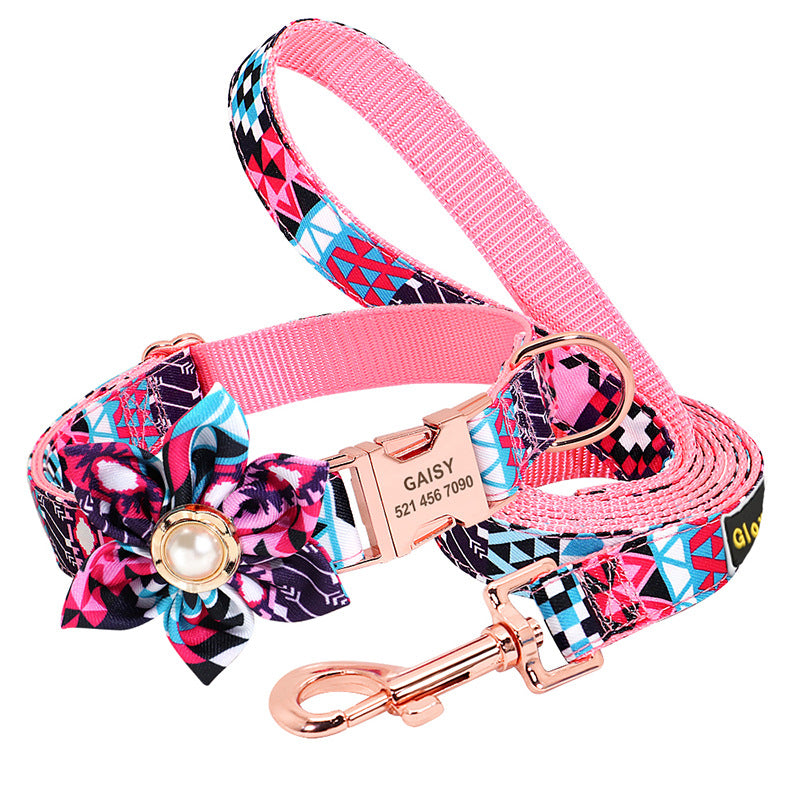 Custom Pet Floral Name Collar with Leash Personalized Dog Collar & Leash