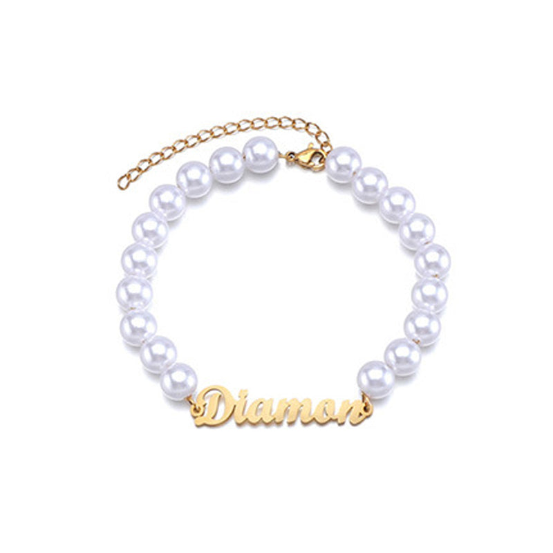 Custom Name Bracelet Pearl Chain Charm Bracelet Personalized Name Bracelet for Women