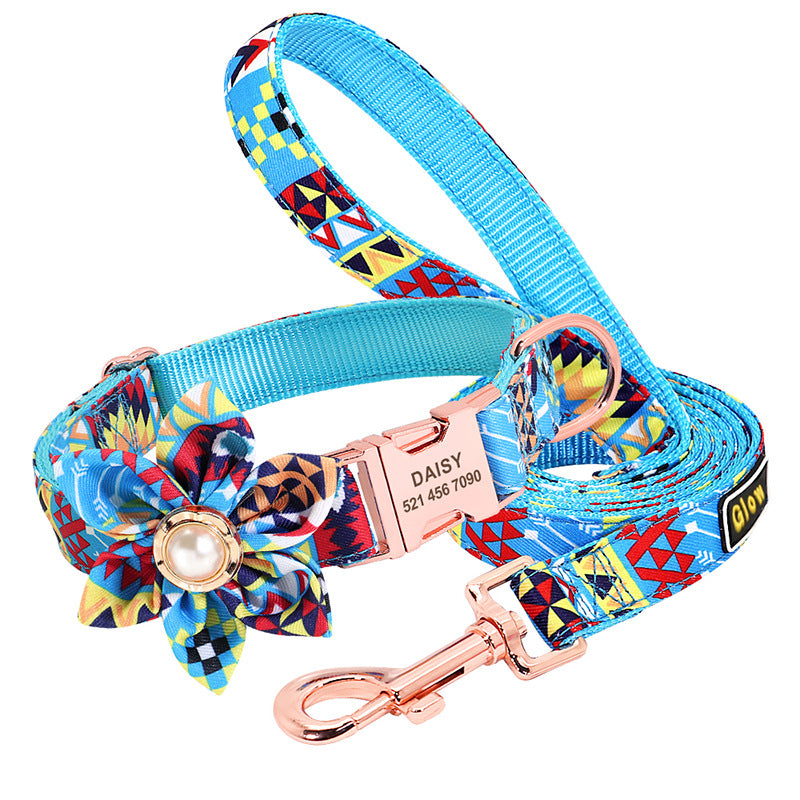 Custom Pet Floral Name Collar with Leash Personalized Dog Collar & Leash