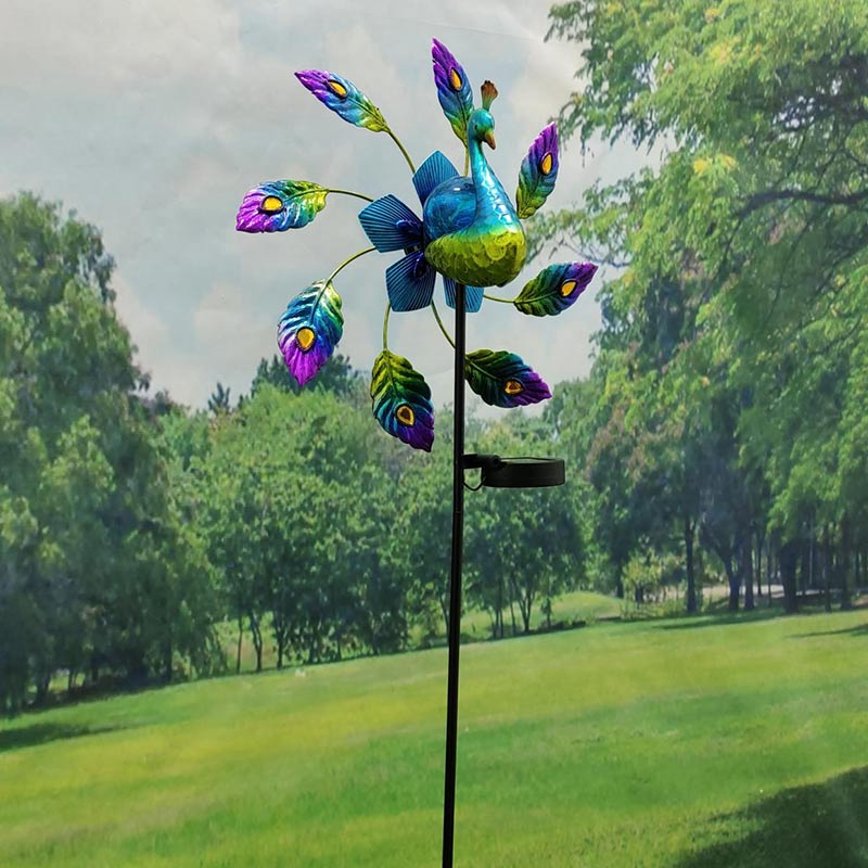 Peacock Wind Spinner Solar Light Yard Art Sculpture