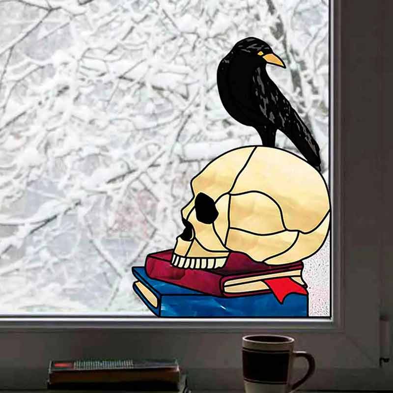 Raven Glass Crow Halloween Skeleton Pattern Window Hanging