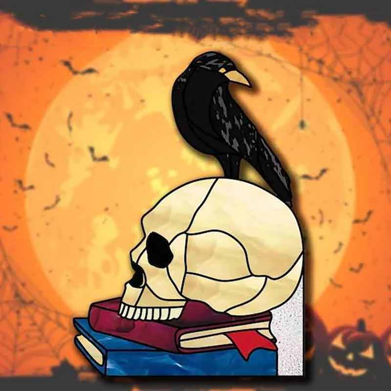 Raven Glass Crow Halloween Skeleton Pattern Window Hanging