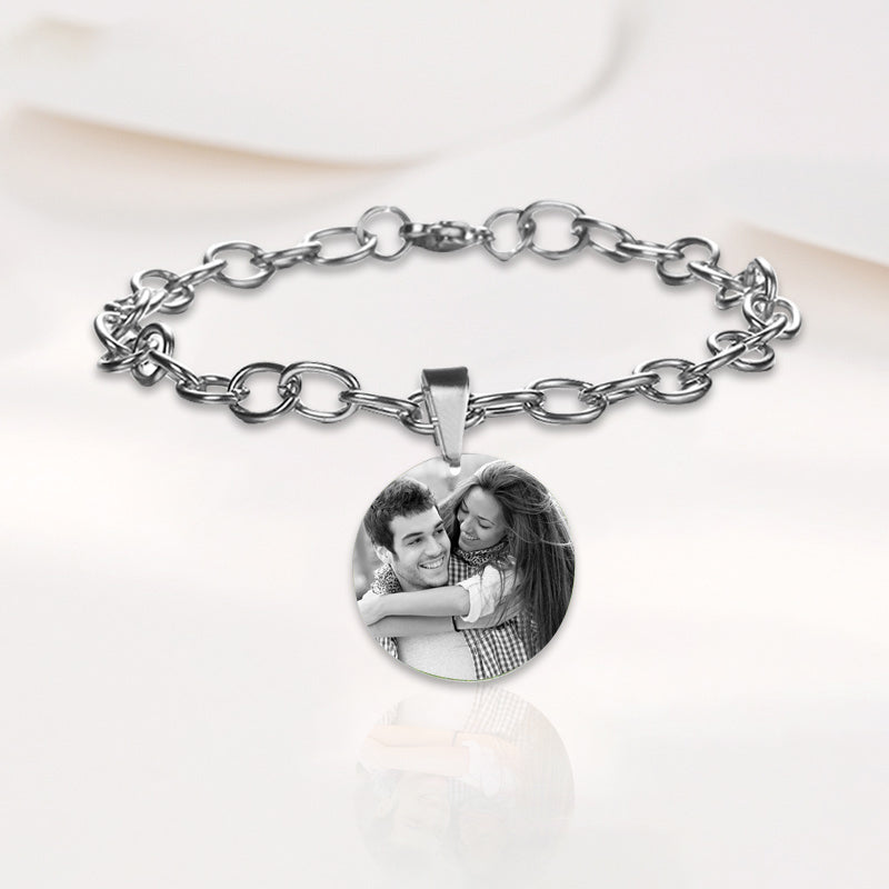 Custom Photo Titanium Round Pendant Bracelet Personalized Jewelry Photo Bracelet Gift